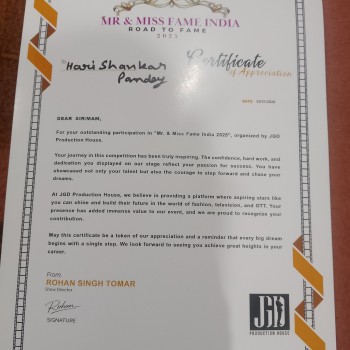 Certificate of appreciation by Jgd production house